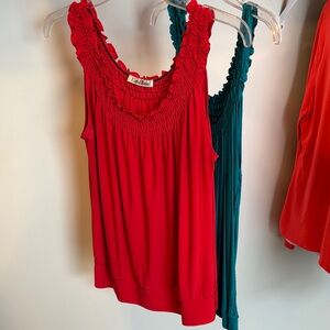 Red and Teal Ruffled Tank Tops